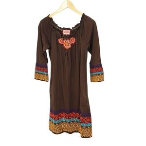 JOHNNY WAS LA Brown Boho Dress Floral Embroidered Scoop Neck, Pockets Size Small